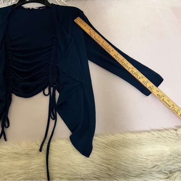 DEREK HEART Navy Blue S 3/4 Sleeves Open Cardigan Drawstring Vertical Cinch Back - Picture 9 of 10